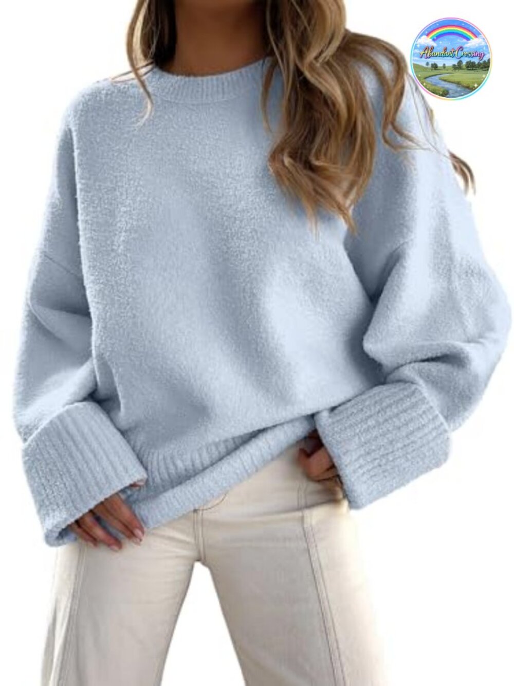 Oversized Cozy Knit Crew Neck Pullover Sweater Soft Fuzzy Long Sleeve